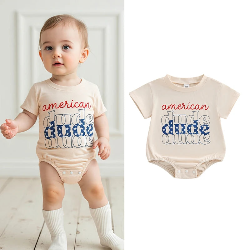 0-18M Summer Baby Boys Girls Romper Short Sleeve Crew Neck Letters Star Print Jumpsuit
