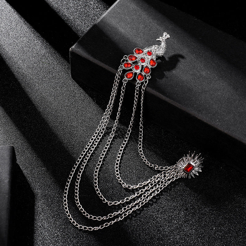 Men's Retro Brooch Pin Badge Peacock Tassel Collar Pins with Chain Shirt Crystal Corsage Jewelry Accessorie