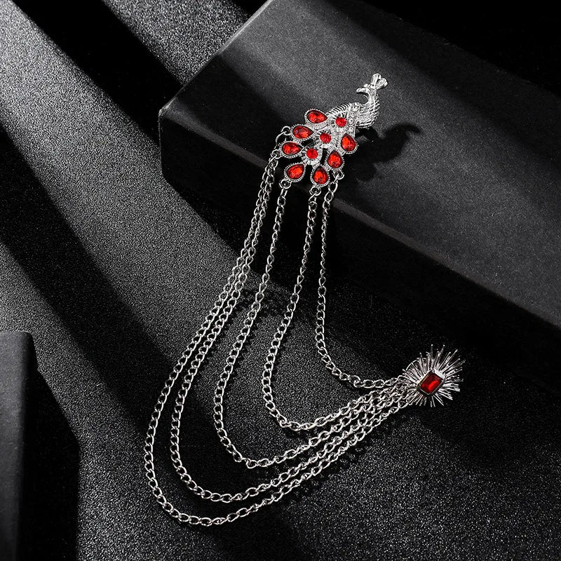 Men's Retro Brooch Pin Badge Peacock Tassel Collar Pins with Chain Shirt Crystal Corsage Jewelry Accessorie