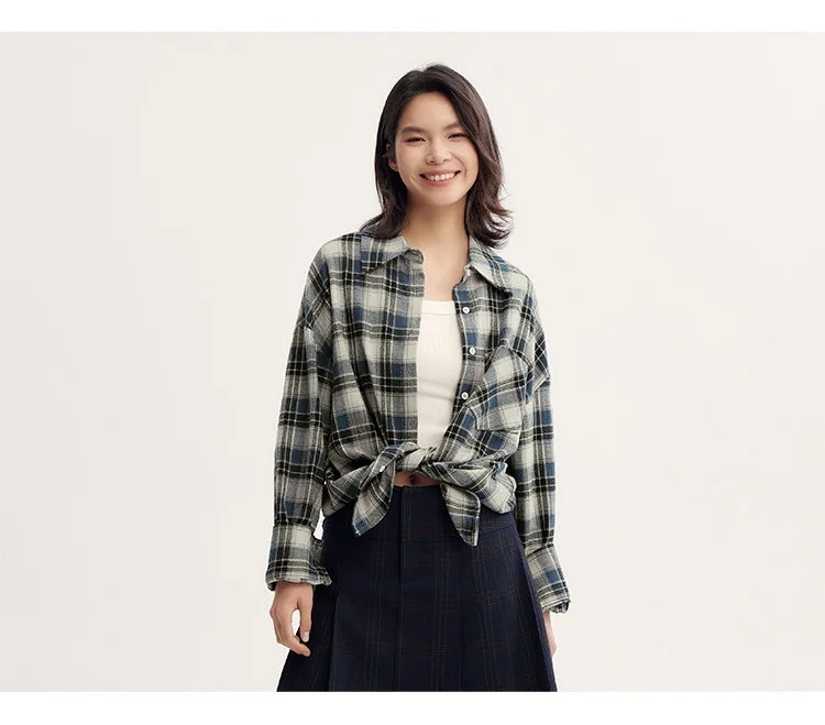 Oversized Drop Shoulder Plaid Shirt Loose Retro Casual Stylish Top