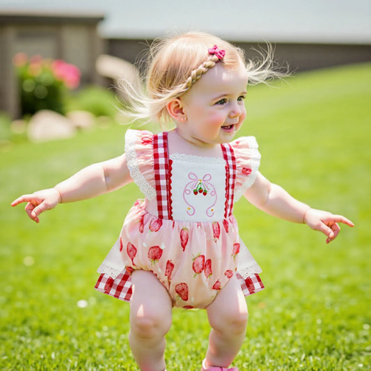 Baby Girls Strawberry Plaid Romper Dress - Flutter Sleeve Summer Jumpsuit (0-24M)