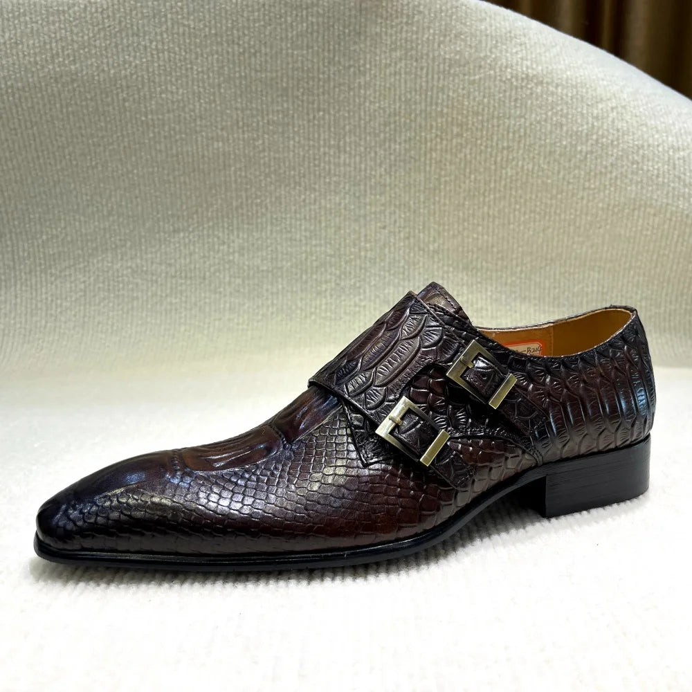 Men's Italian Genuine Leather Formal Oxford Python Crocodile Pattern Button Detailing for Office Party Wedding Shoes