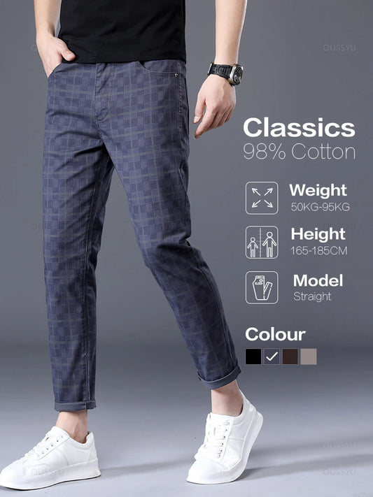 Men's Plaid Lines Casual Ankle Length 98% Cotton Classics Retro Trousers