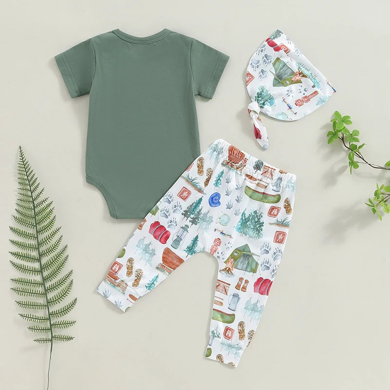 0-12M Newborn Baby Boys Clothes Set - Letters Print Short Sleeve Romper with Trousers and Hat Outfit