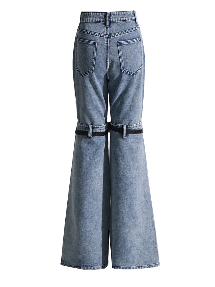 Women's Patchwork Belts Denim - High Waist Spliced Button Wide Leg Jeans