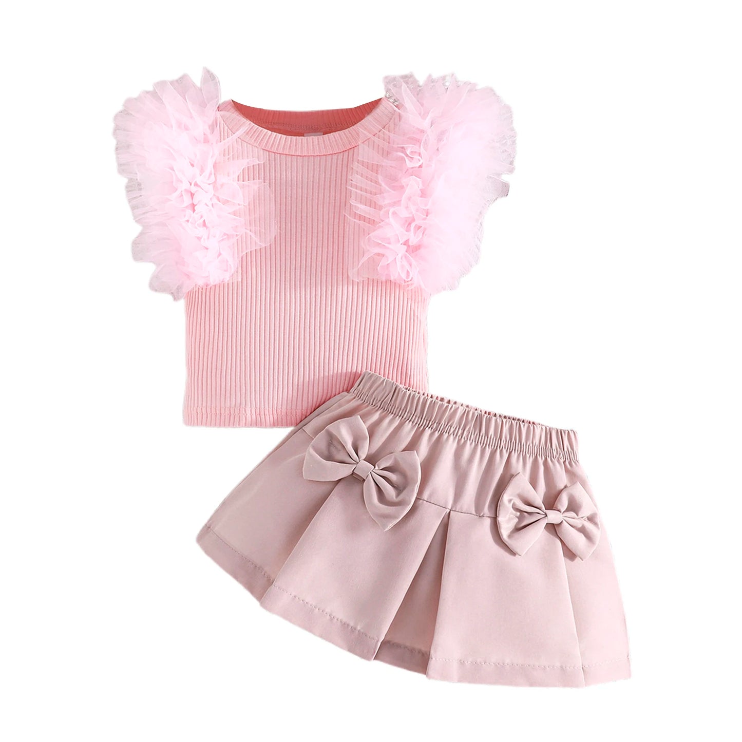 Baby Girls Summer Clothes Set - Tulle Ruffled Tank Top & Bow Pleated Skirt