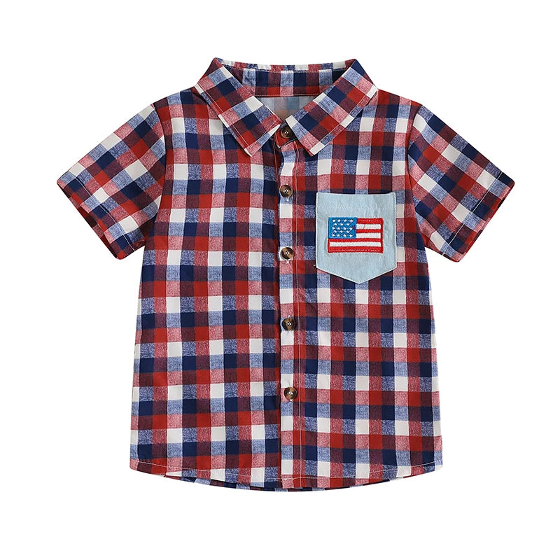 0-5Y American Flag Kids Boys Shirts Short Sleeve Plaid Print Button Down Shirts Toddler Summer Top