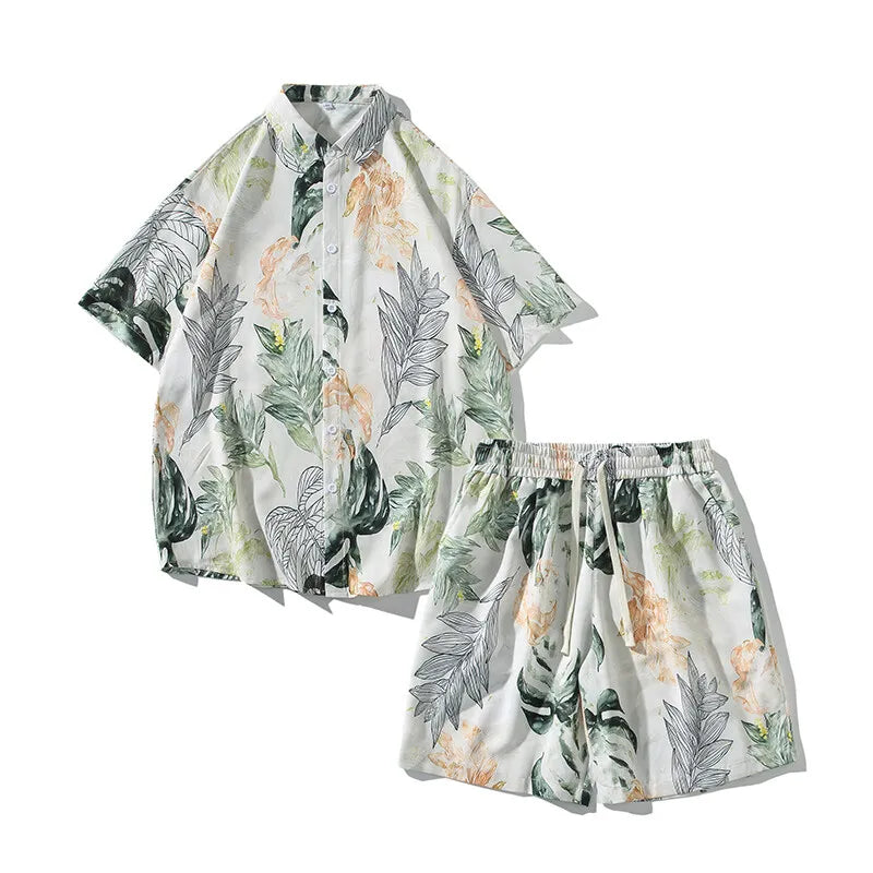 Men's Summer Print Set Turn Down Collar Short Shirts Shorts Hawaiian Beach Set  2-Piece Set