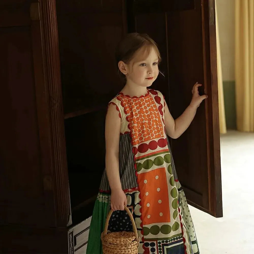 Girls' Dress Summer Children's Round Neck Sleeveless Geometric Multicolour Comfortable Casual Dress