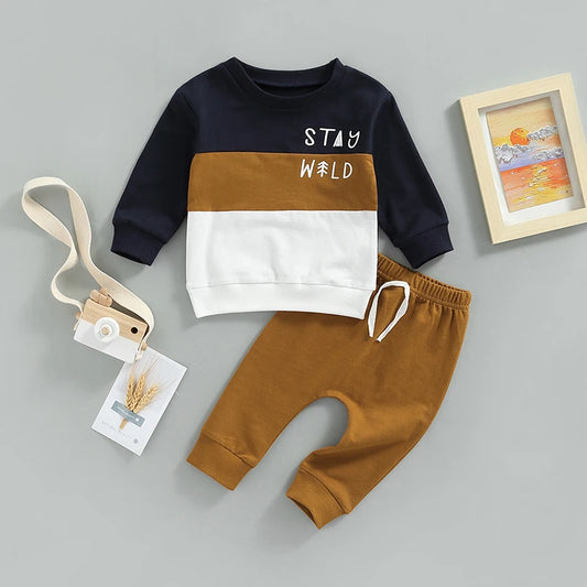 0-5Y Autumn Casual Kids Boys Clothes Set 2pcs Letter Print Colour Patchwork Long Sleeve Sweatshirt Top Pants