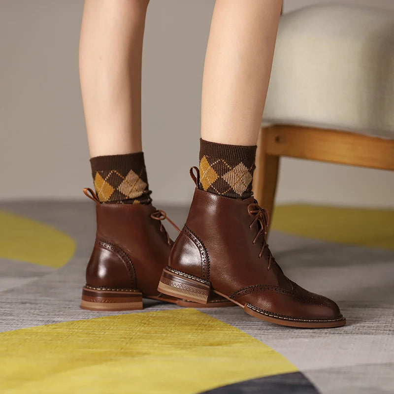 Women's Round Toe Low Heels Cross-Tied Genuine Leather Platform Ankle Boots