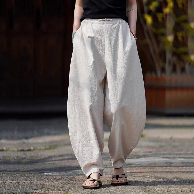 Men's Spring Summer Casual Pants Cotton Linen Chinese Style Wide Leg  Loose Trousers