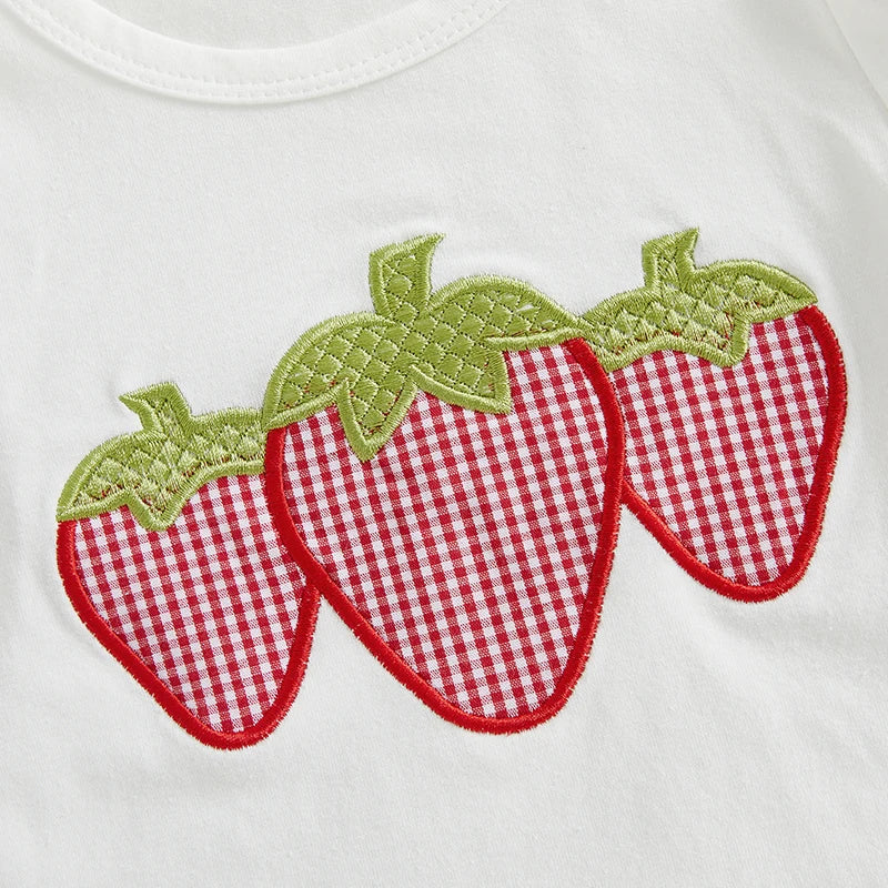 Toddler Baby Girls Clothes Set 0-3Y Strawberry Fruit Embroidery Short Sleeve Ruffle T Shirt and  Plaid Ruffle Shorts