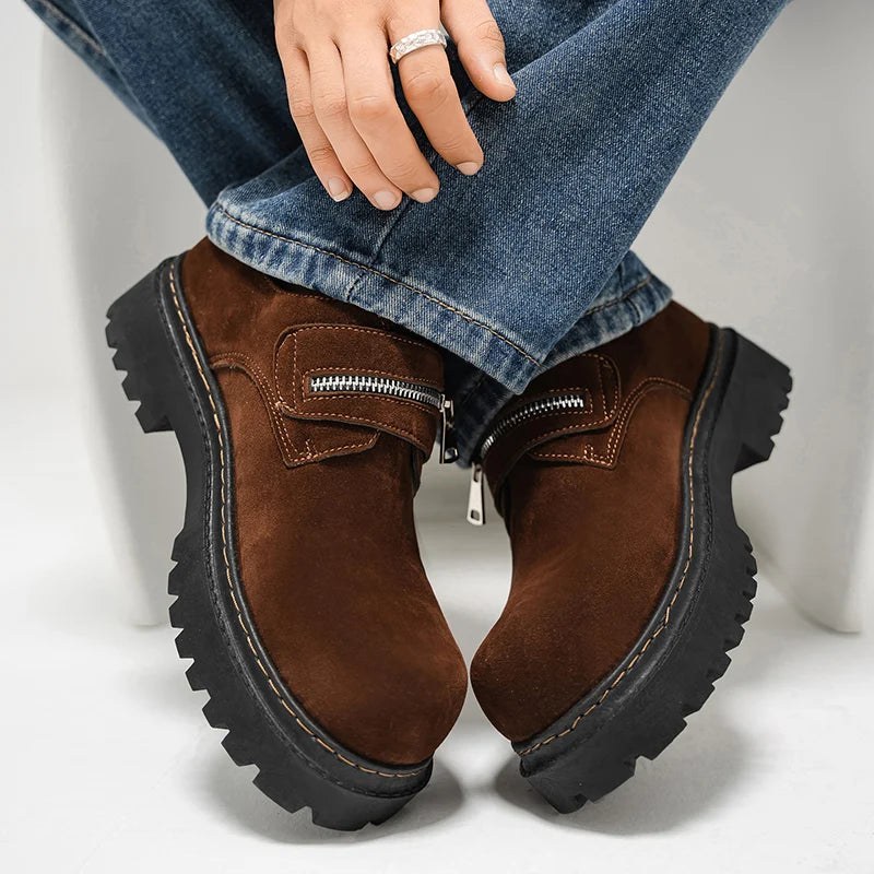 Men's Suede Leather Platform Work Shoes - Zipper Business Sneakers