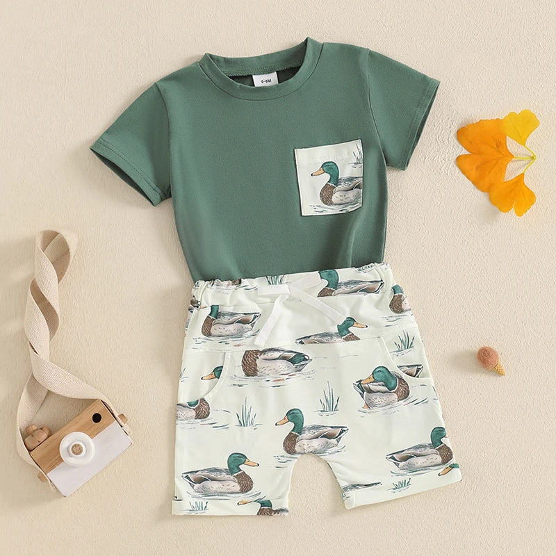 Baby Boys Duck Print Outfit Set - Patchwork T-Shirt with Elastic Waist Shorts