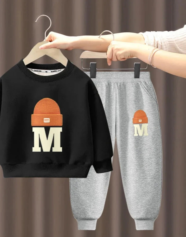 Children's Plush Letter Sweater Long sleeved Pants Two Piece Set