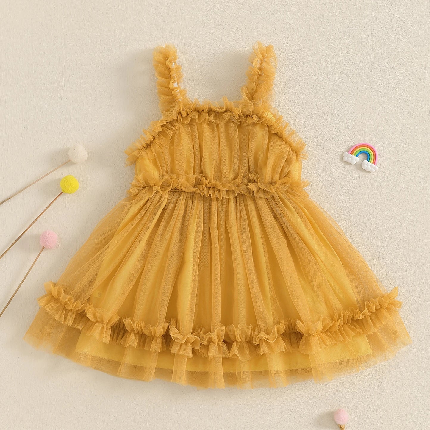 Girls' Summer Princess Dress - Sleeveless Mesh Ruffled Lace Tulle Sundress