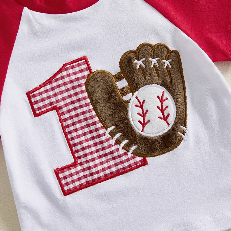 Summer Baby Boys Birthday Baseball Outfit Set - Letter Embroidery T-Shirt & Plaid Shorts (0-3Y)