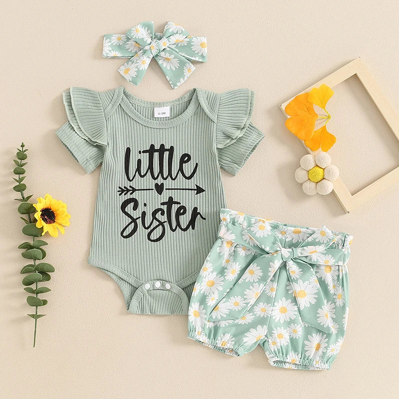 0-24M Baby Girls Summer Clothes Sets 3pcs Letter Print Short Sleeve Romper Sunflowers Shorts with Belt Headband