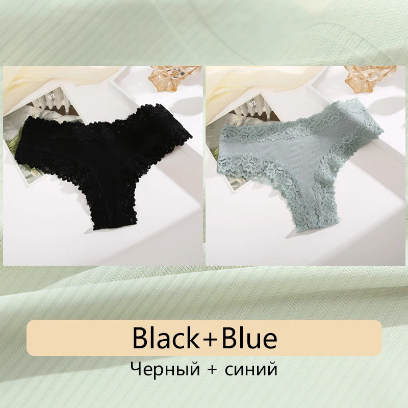 2PCS Women's Cotton Underwear - Lace Floral Low Rise Comfortable Lingerie