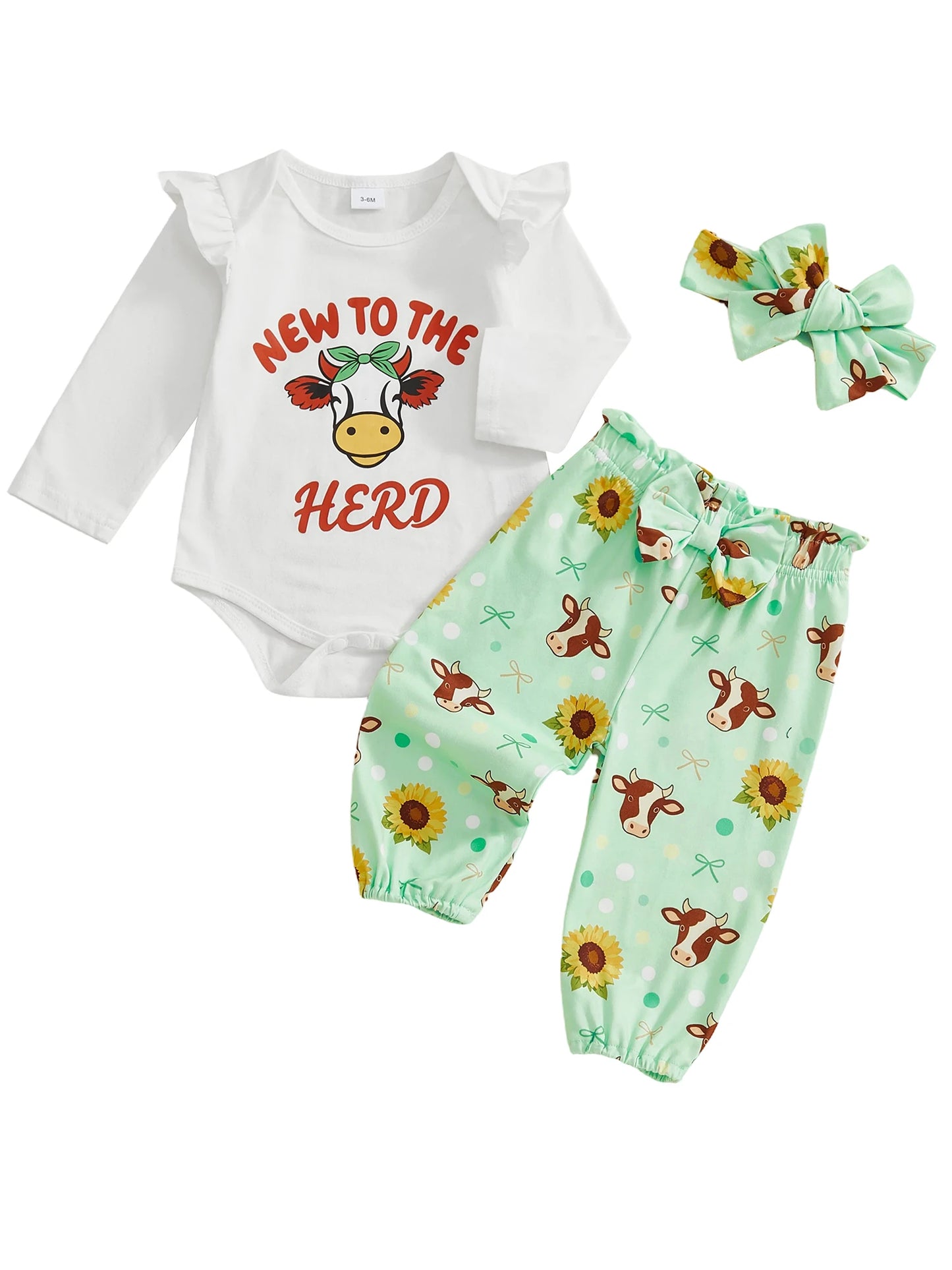 Baby 3-Piece Outfit Set - Cow Print Letter Romper, Pants & Headband
