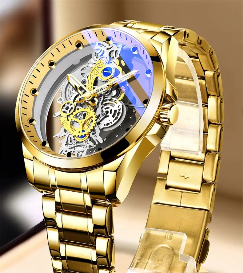 Gold Luxury Watch Men Hollow Creative Leather Man Wristwatch Waterproof Sliver Business Stainless Steel Bracelet Erkek Kol Saati