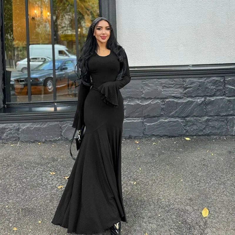 Women's Bandage Long Sleeve Casual Outfits Elegant Frill Ribbed Maxi Dress