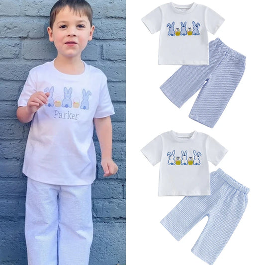 0-4Y Toddler Kids Boys Easter Clothes Sets Short Sleeve Rabbit Embroidery T Shirts Plaid/Striped Pants Set