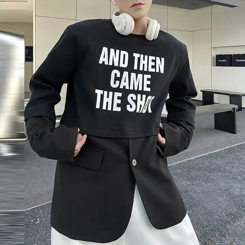 Men's T Shirt Printing Patchwork Round-neck Long Sleeve Jacket Style Top