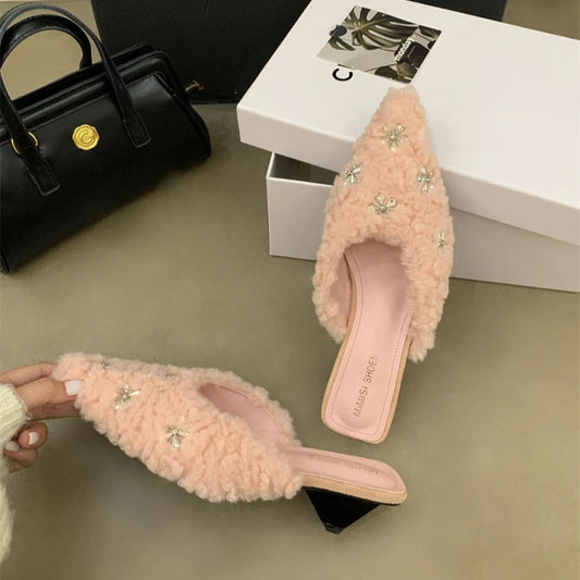 Rhinestone Flower Pointed Toe Mule Slippers | Low Heel | Women's 35–39