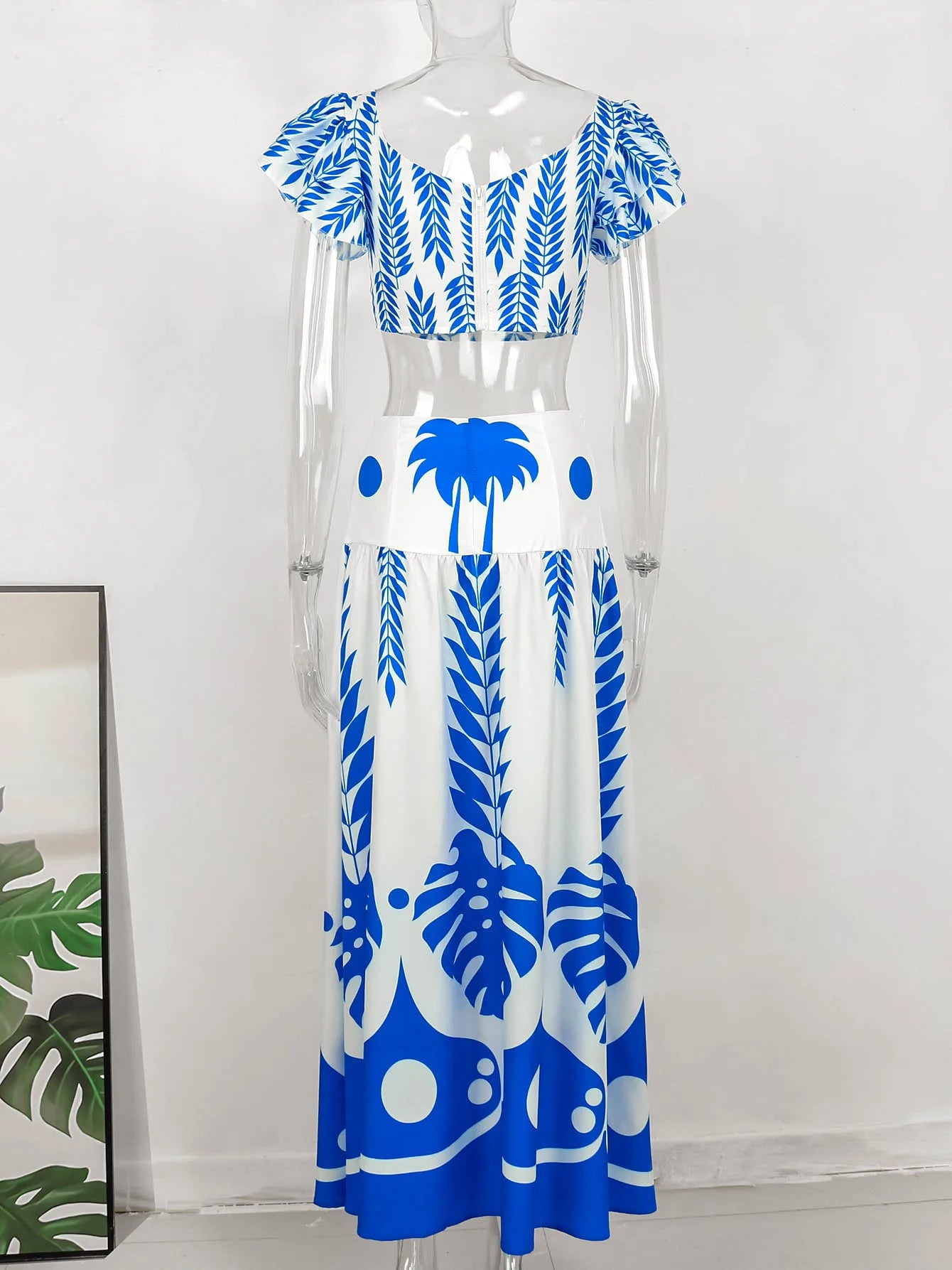 Women's Square Collar Flying Sleeve Ruched Crop Top & A-Line Ankle Skirt Set