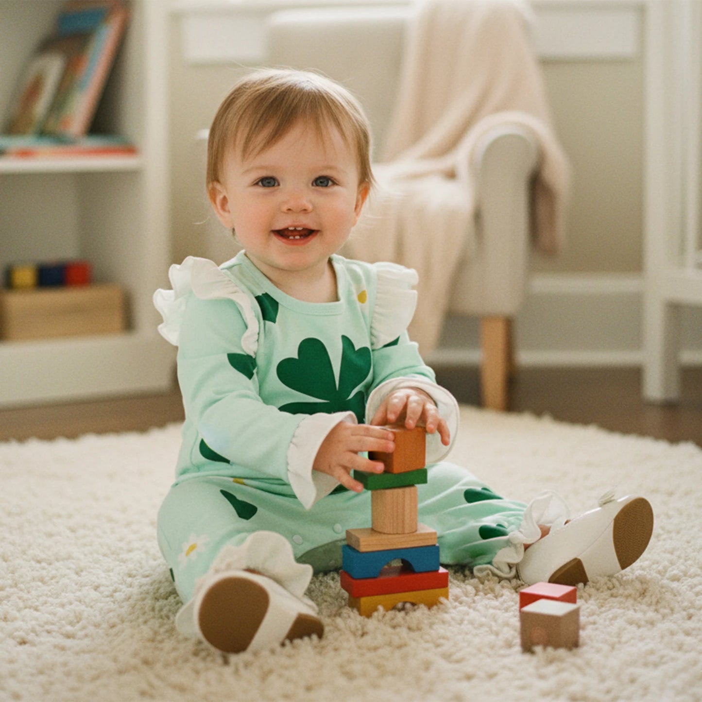 Baby Girls Boys Shamrock Print Romper - Long Sleeve Full Length Jumpsuit 0-18M