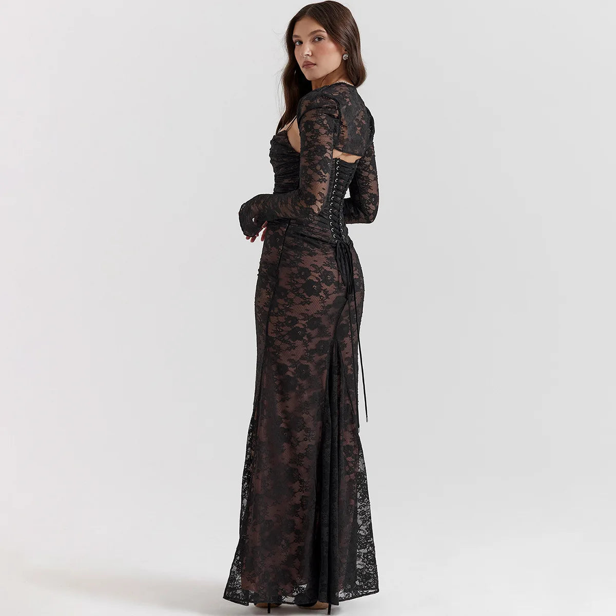 Women's Elegant Vintage Hollow Out Lace Maxi Dress - Long Sleeve Cape 2 Piece Set Outfits Gown Slip Dress Bandage