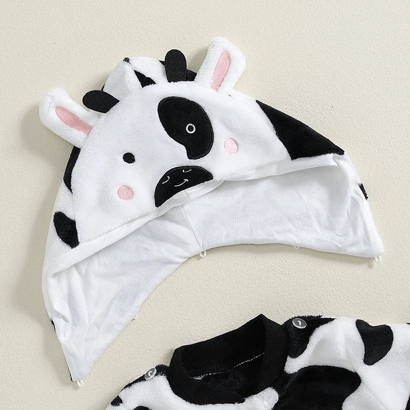 0-18M  Baby Boys Cute Romper Long Sleeve Cow Pattern Button Hooded Jumpsuit for Newborn