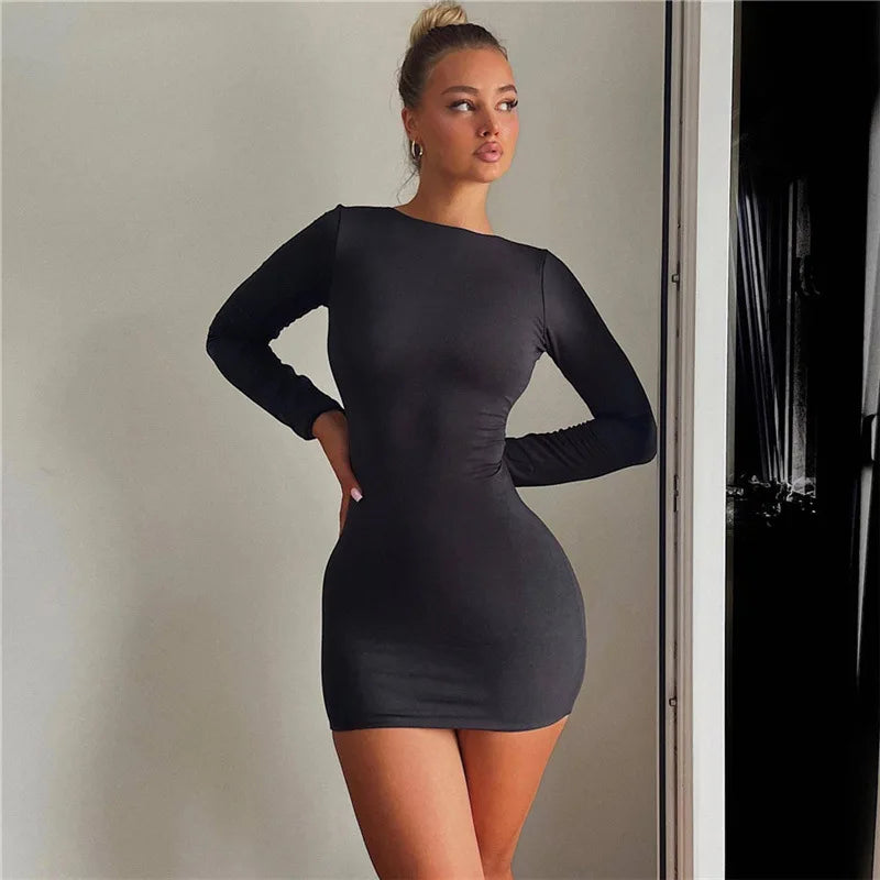 Women's Open Back Solid Slinky Mini Dress - Long Sleeve Round Neck Bodycon Dress