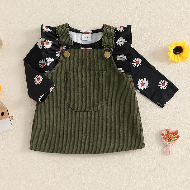 0-18M  Baby Girls Clothes Set 2pcs Floral Print Long Sleeve Ruffled Trim Romper Corduroy Overalls Dress