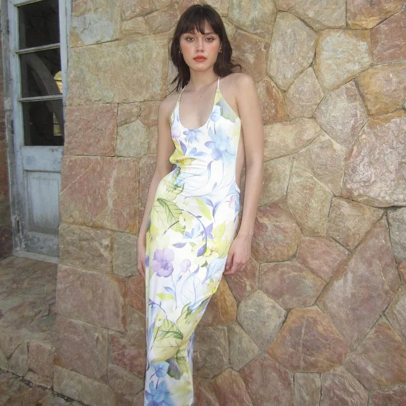 Women's Backless Floral Print Slip Maxi Sleeveless Long Dress Robe Elegant Outfit