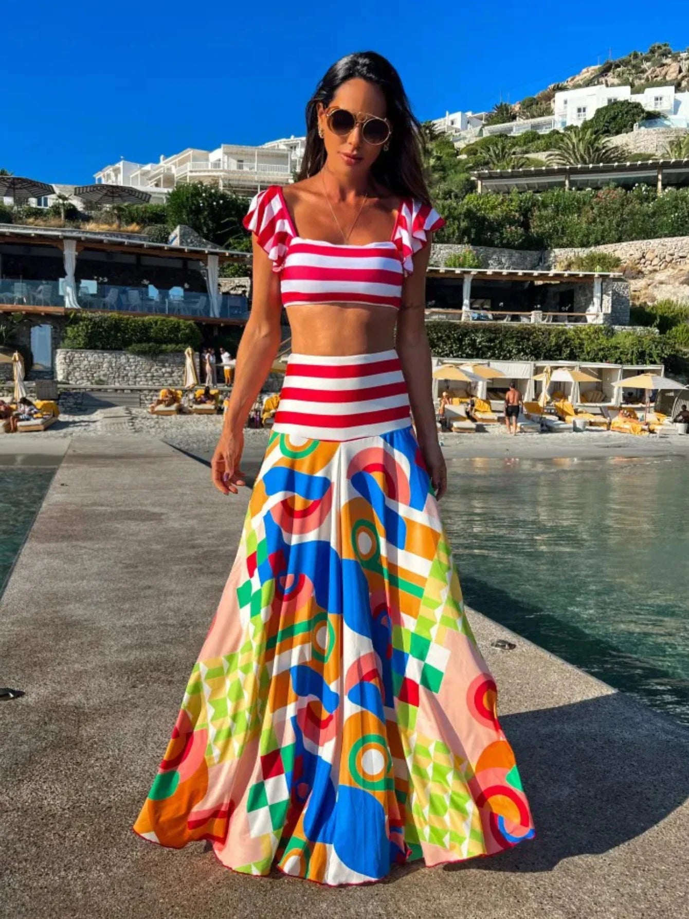 Women's Square Collar Flying Sleeve Crop Top & High Waist A-Line Maxi Skirt Set