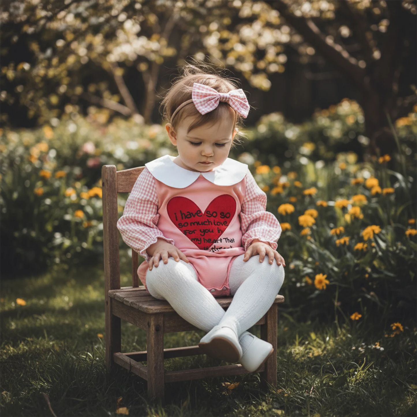 Baby Girls Boys Valentine's Day Letter Heart Embroidery Plaid Long Sleeve Doll Collar Romper