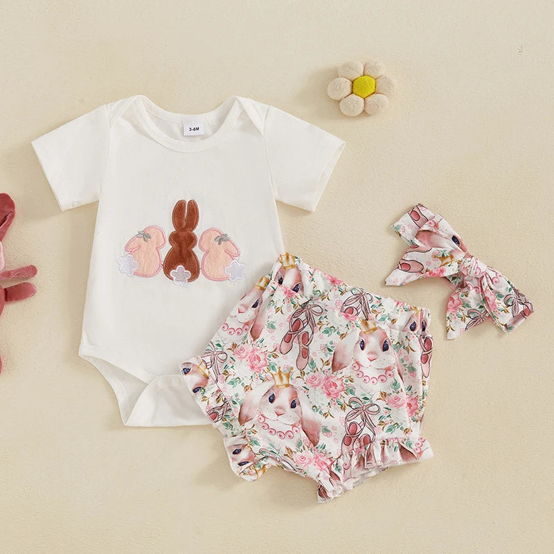 3pcs Baby Girls Easter Clothes Sets 0-18M Rabbit Print Short Sleeve Romper and Shorts Cute Headband