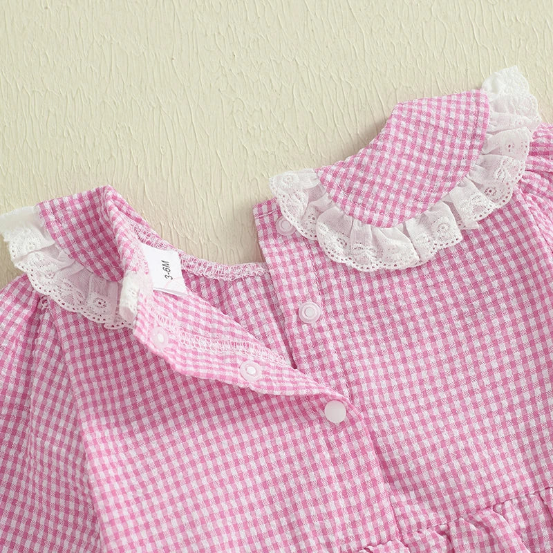 Baby Plaid Print Romper - Long Sleeve Bow Embroidery Doll Collar Jumpsuit