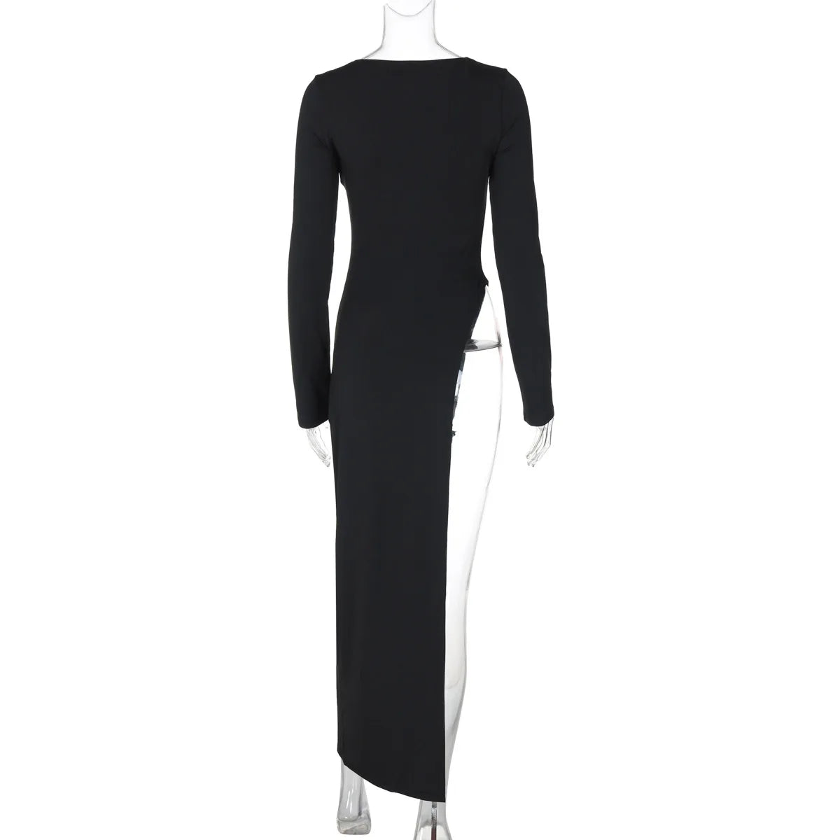 Women's Asymmetrical Long Sleeve Black Dress - Round Neck Chic Top High Rise Split Dress