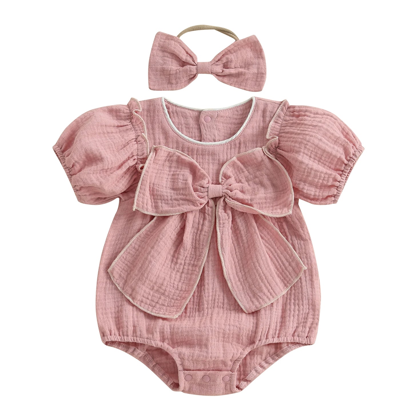Baby Girls Bow Bubble Romper with Headband - Short Sleeve Ruffled Jumpsuit