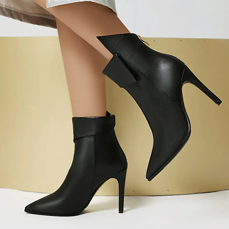 Women's Irregular Design Leather 10cm High-heeled Pointed Back Zipper Short Plush Ankle Boots