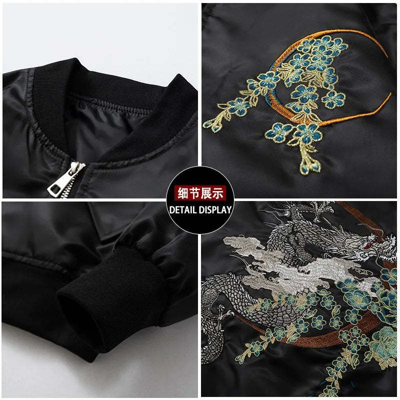 Men's Dragon Embroidered MA-1 Bomber Jacket - Vintage Style