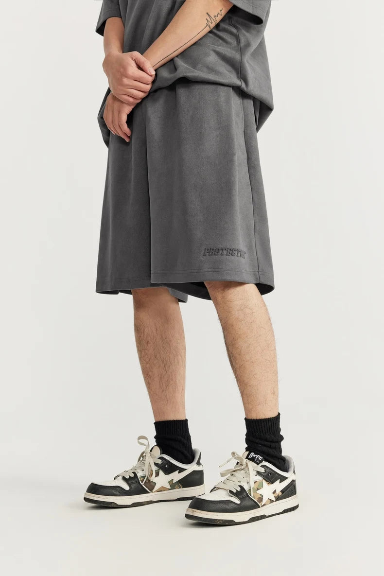 Unisex Oversized Suede Fabric Embossed T-shirts and Shorts Set