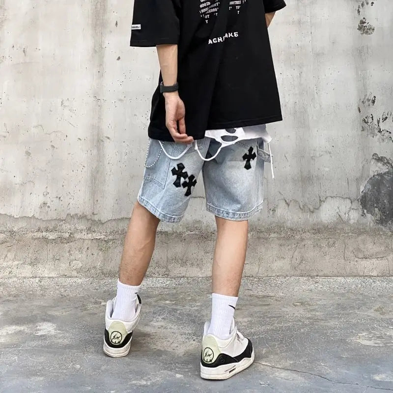 Men's Versatile American Cross Embroidery Washed Denim Shorts