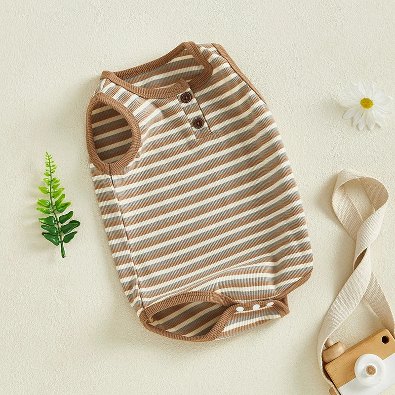 0-18M Baby Girls Boys Rompers Stripe Print Sleeveless Buttons Round Neck Summer Bodysuits Jumpsuit