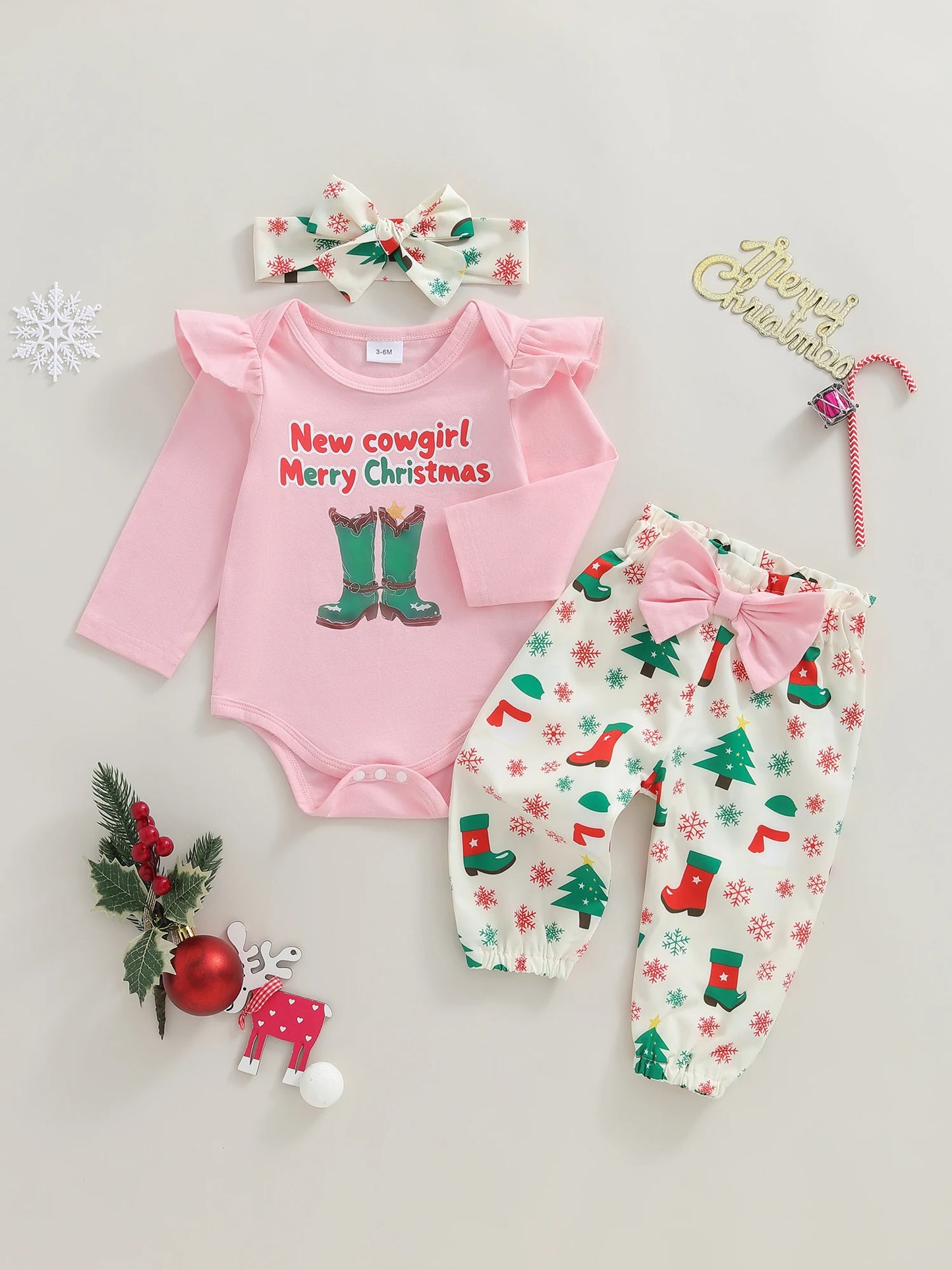 Baby Girls Christmas Outfit Set - 3-Piece Letter Long Sleeve Romper, Pants & Bow Headband (0-18M)