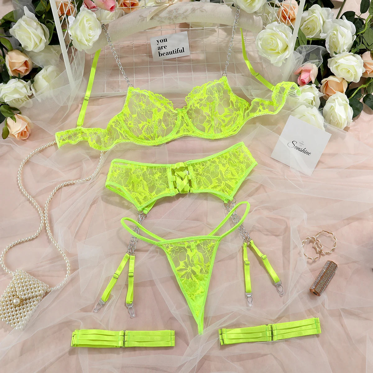 Women's Underwear Lace Transparent Bra Lingerie 4-Pieces Set